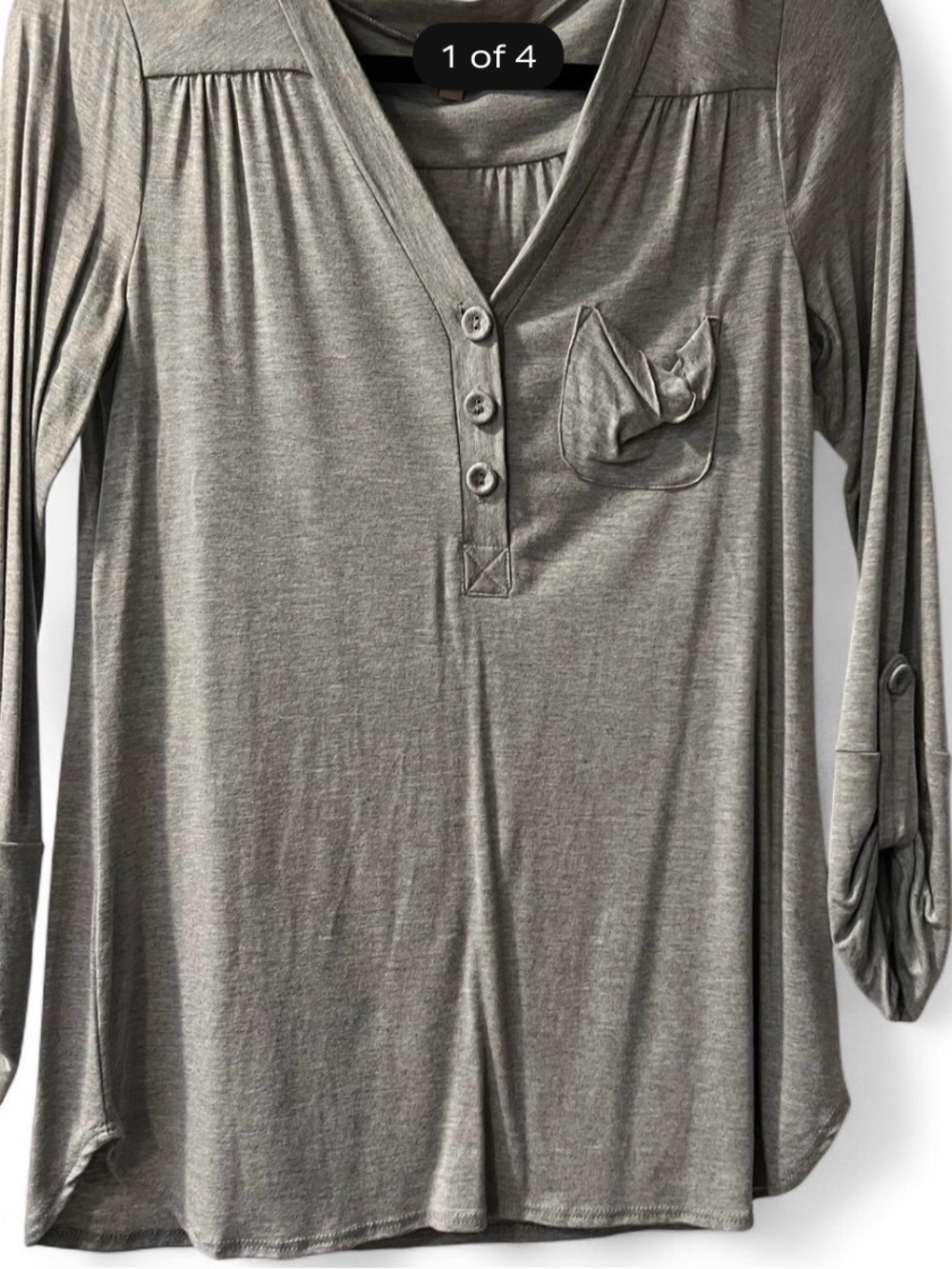 Ella Moss Gray V-Neck Long Sleeve Blouse with Button Placket